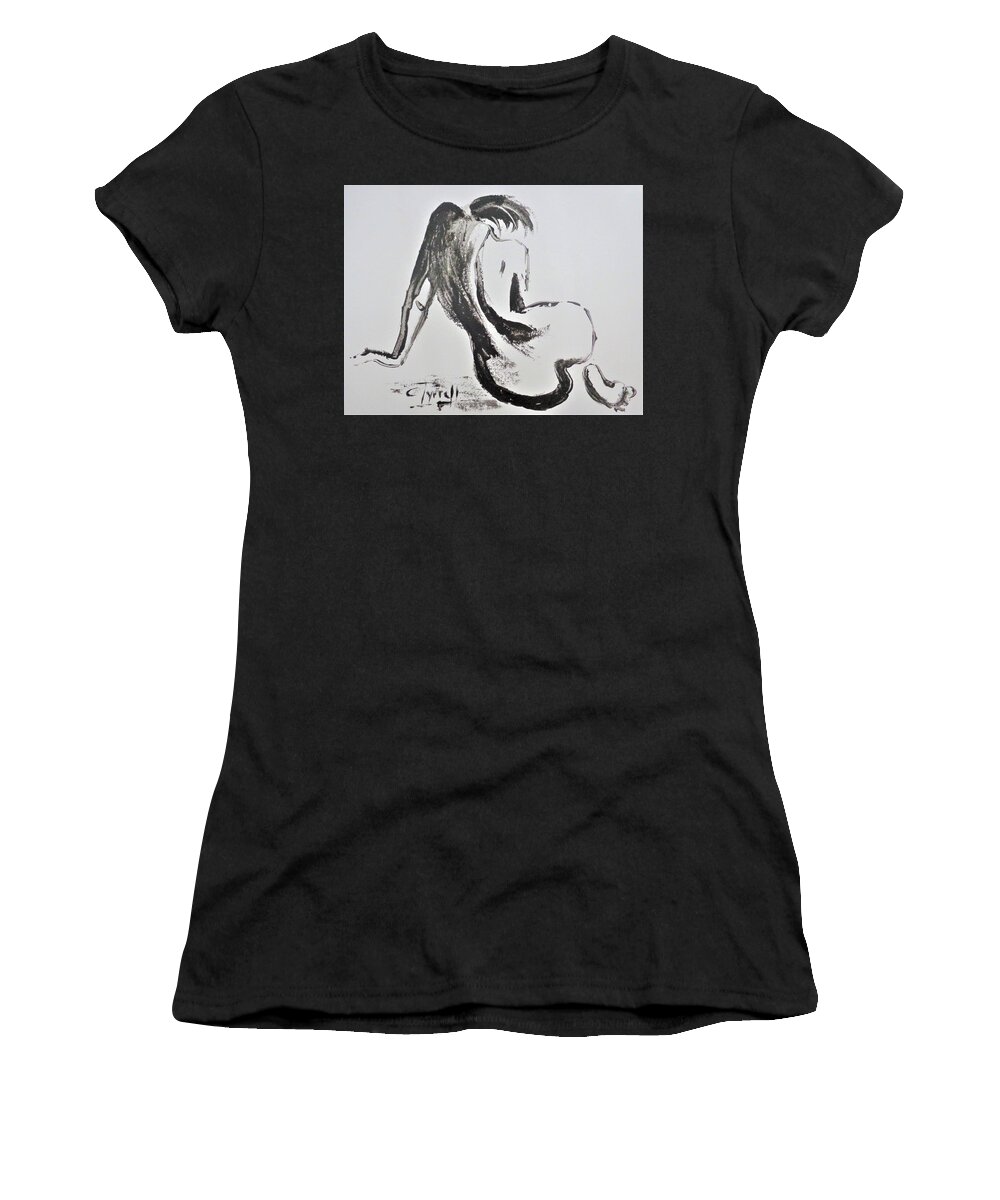 Black Acrylics On Glossy Paper Women's T-Shirt featuring the painting Curves 31 - Female Nude by Carmen Tyrrell