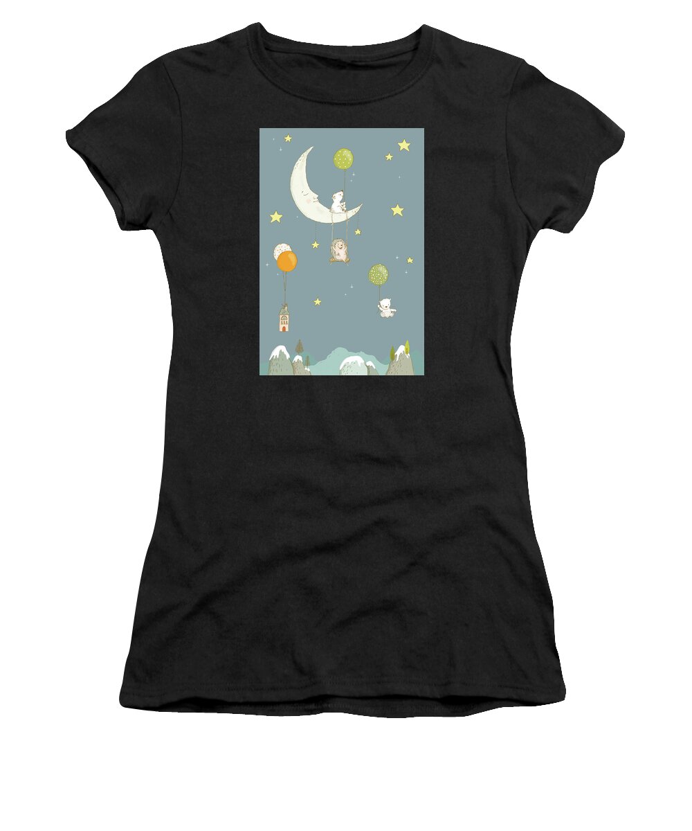 Moon Women's T-Shirt featuring the painting Cute whimsical animals and night sky by Matthias Hauser