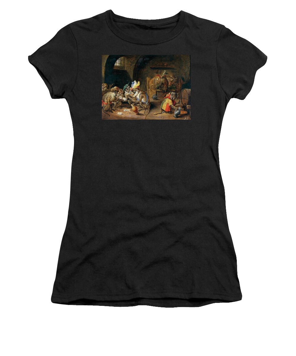 David Teniers The Younger Women's T-Shirt featuring the painting David Teniers / 'Monos en una bodega', 17th century, Flemish School, Oil on panel. by David Teniers the Younger -1610-1690-