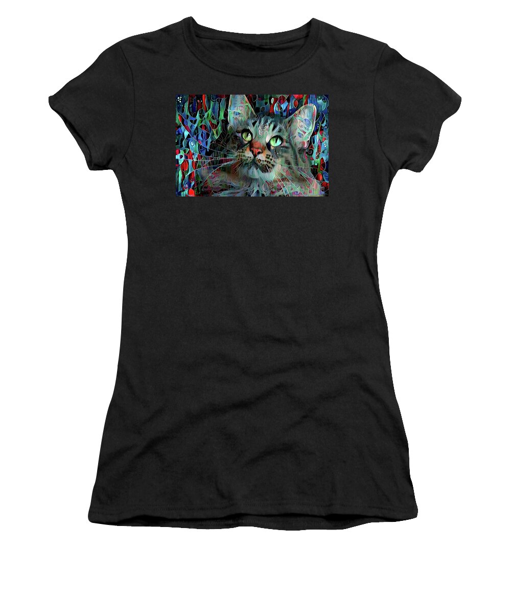 Maine Coon Cat Women's T-Shirt featuring the mixed media DeeDee in Blue and Red by Peggy Collins