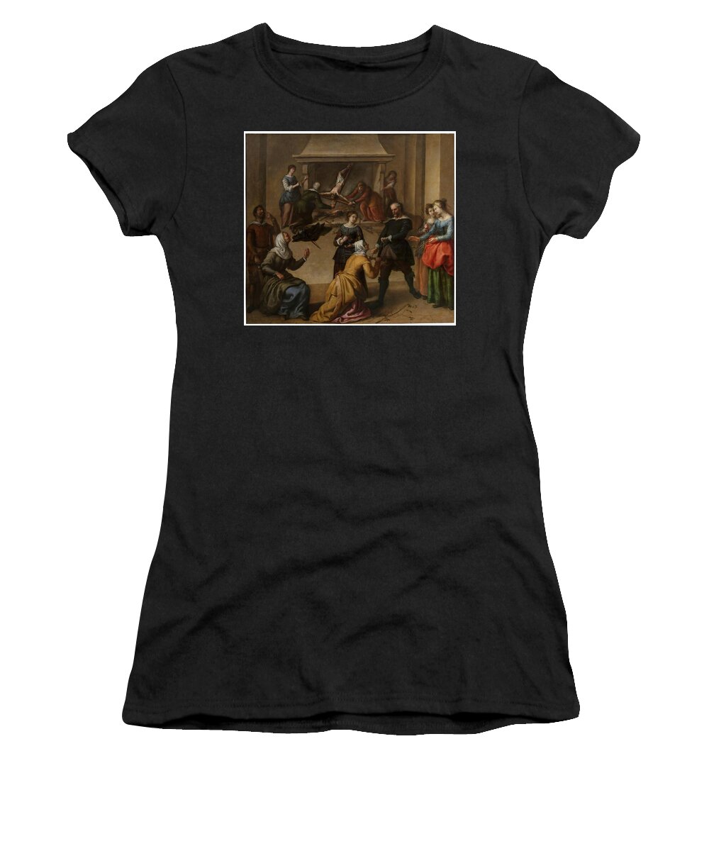 Camilo Francisco Women's T-Shirt featuring the painting 'Desecration of the Crucifix or Christ of the Insults'. XVII century. Oil on c... by Francisco Camilo -1615-1673-