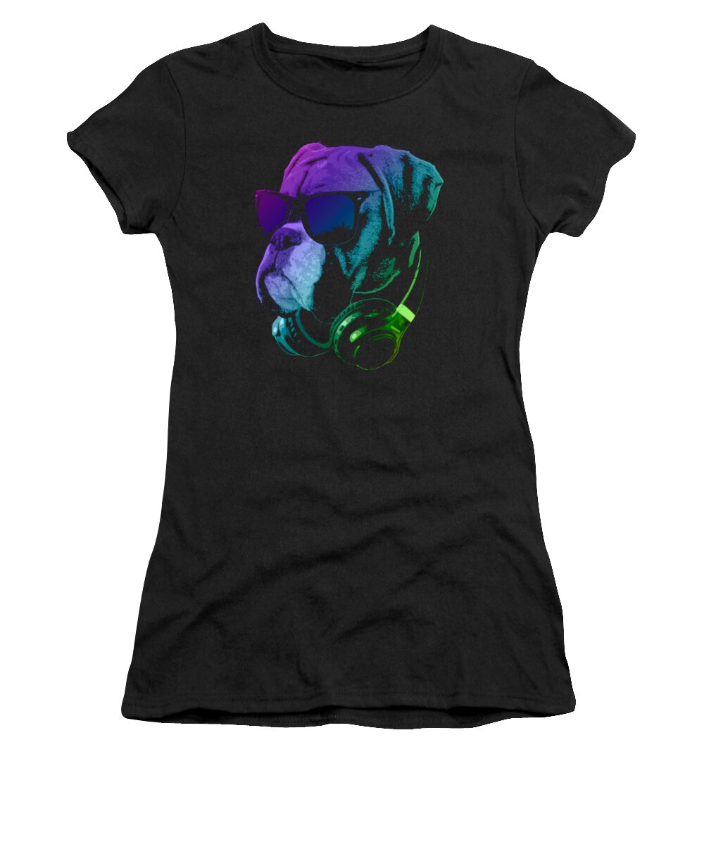 Dog Women's T-Shirt featuring the digital art DJ Boxer Dog In Neon Lights by Filip Schpindel