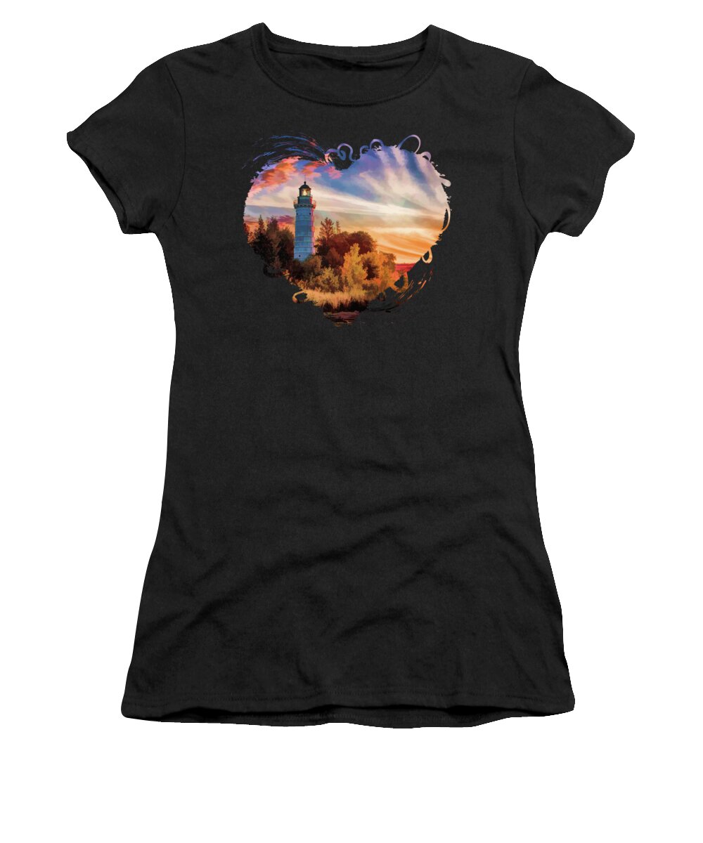 Door County Women's T-Shirt featuring the painting Door County Cana Island Lighthouse Sunrise Panorama by Christopher Arndt