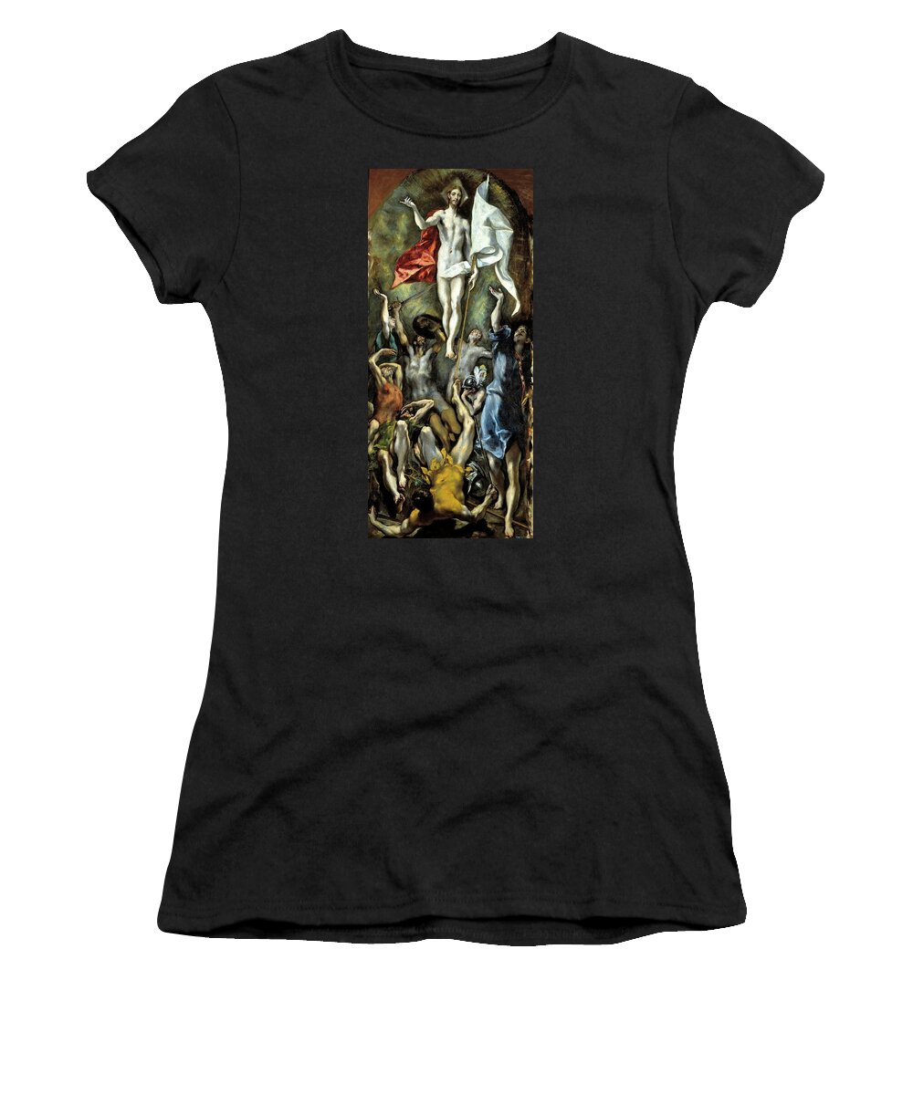 El Greco Women's T-Shirt featuring the painting El Greco / 'The Resurrection', 1597-1600, Spanish School, Oil on canvas, 275 cm x 127 cm, P00825. by El Greco -1541-1614-