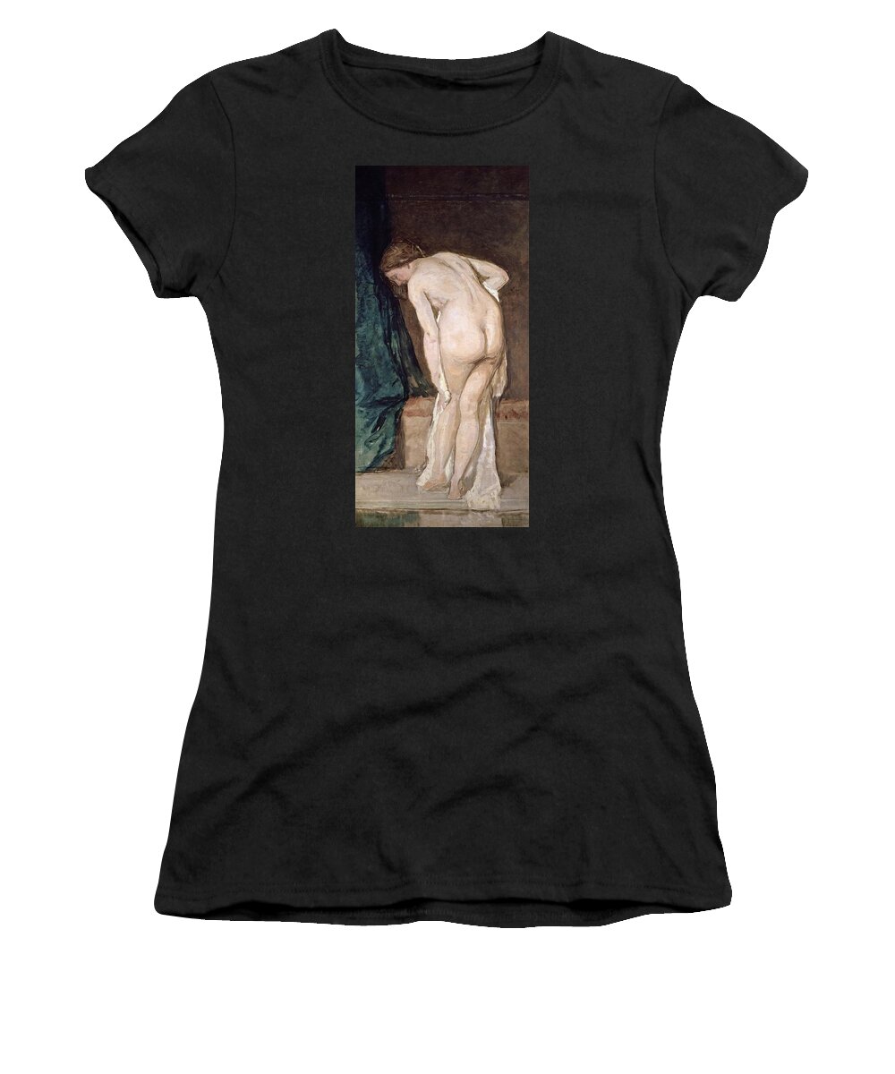 Eduardo Rosales Women's T-Shirt featuring the painting 'Female Nude -after bathing-', ca. 1869, Spanish School, Oil on canvas, 185 cm x 90 cm, P04616. by Eduardo Rosales -1836-1873-
