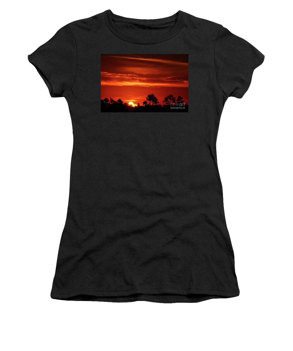 Sun Women's T-Shirt featuring the photograph Fiery Pine Glades Sunrise by Tom Claud