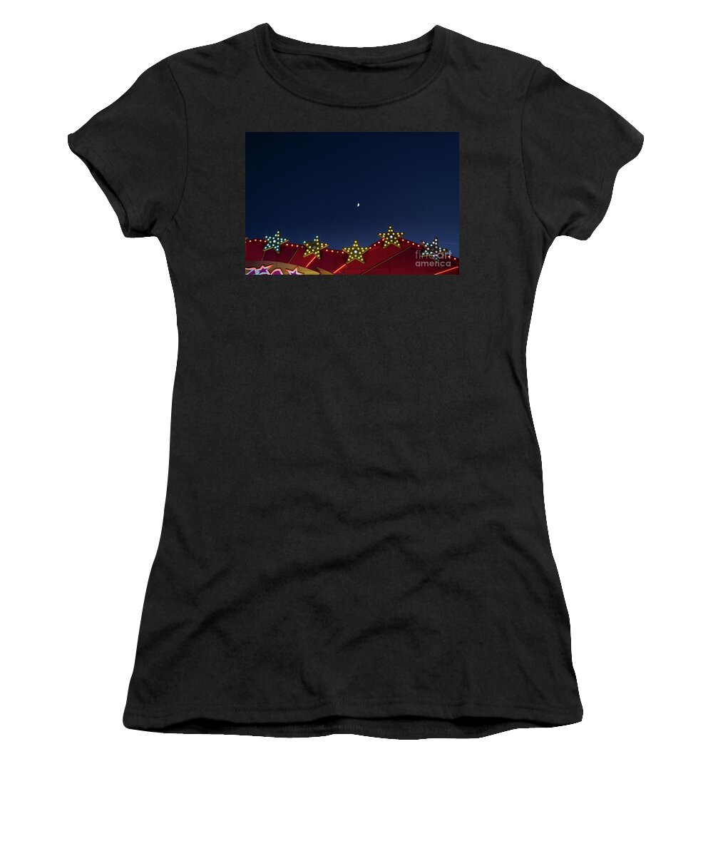 Abstract Women's T-Shirt featuring the photograph Flat background of blue sky with small moon and luminous light bulbs. by Joaquin Corbalan