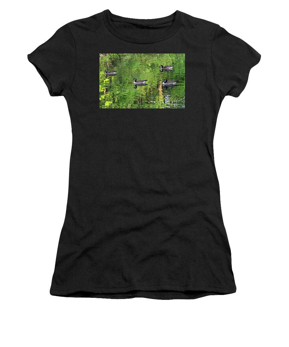 Geese Women's T-Shirt featuring the photograph Geese on Green Pond by Karen Adams