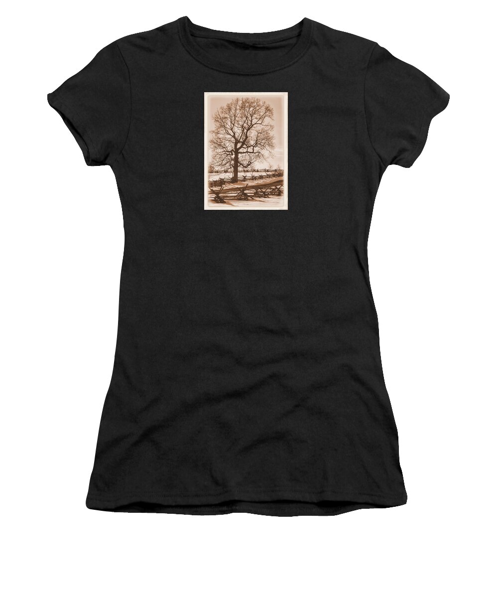 Civil War Women's T-Shirt featuring the photograph Gettysburg at Rest - Winter Blanket No. 1 Across the Wheatfield Road Near the Peach Orchard by Michael Mazaika