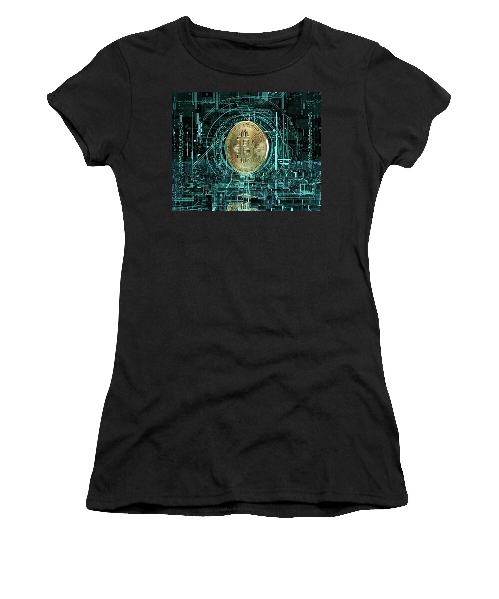3 D Women's T-Shirt featuring the photograph Gold Bitcoin At The Center Of Complex by Ikon Images
