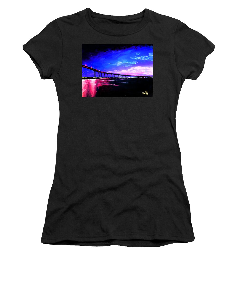 Coronado Island Bridge Lights Nighttime Sunset Colors Colorful Contrast Water Sea Ocean Reflections Lights City Lights Perspective Pink Blue Driving Boating Boat California San Diego Women's T-Shirt featuring the painting Gutierrez by Sergio