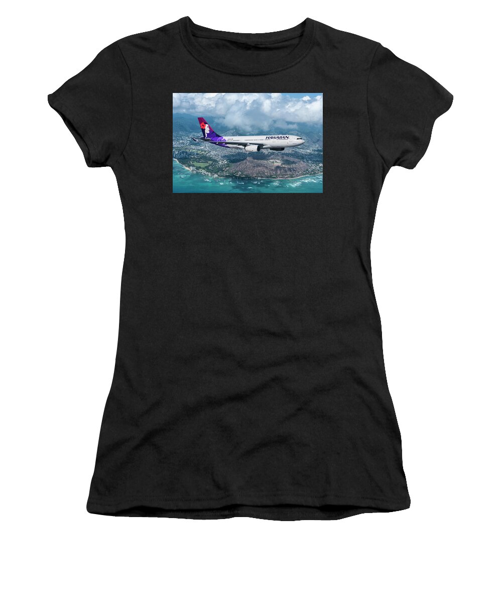 Hawaiian Airlines Women's T-Shirt featuring the mixed media Hawaiian Airlines Over Diamond Head by Erik Simonsen