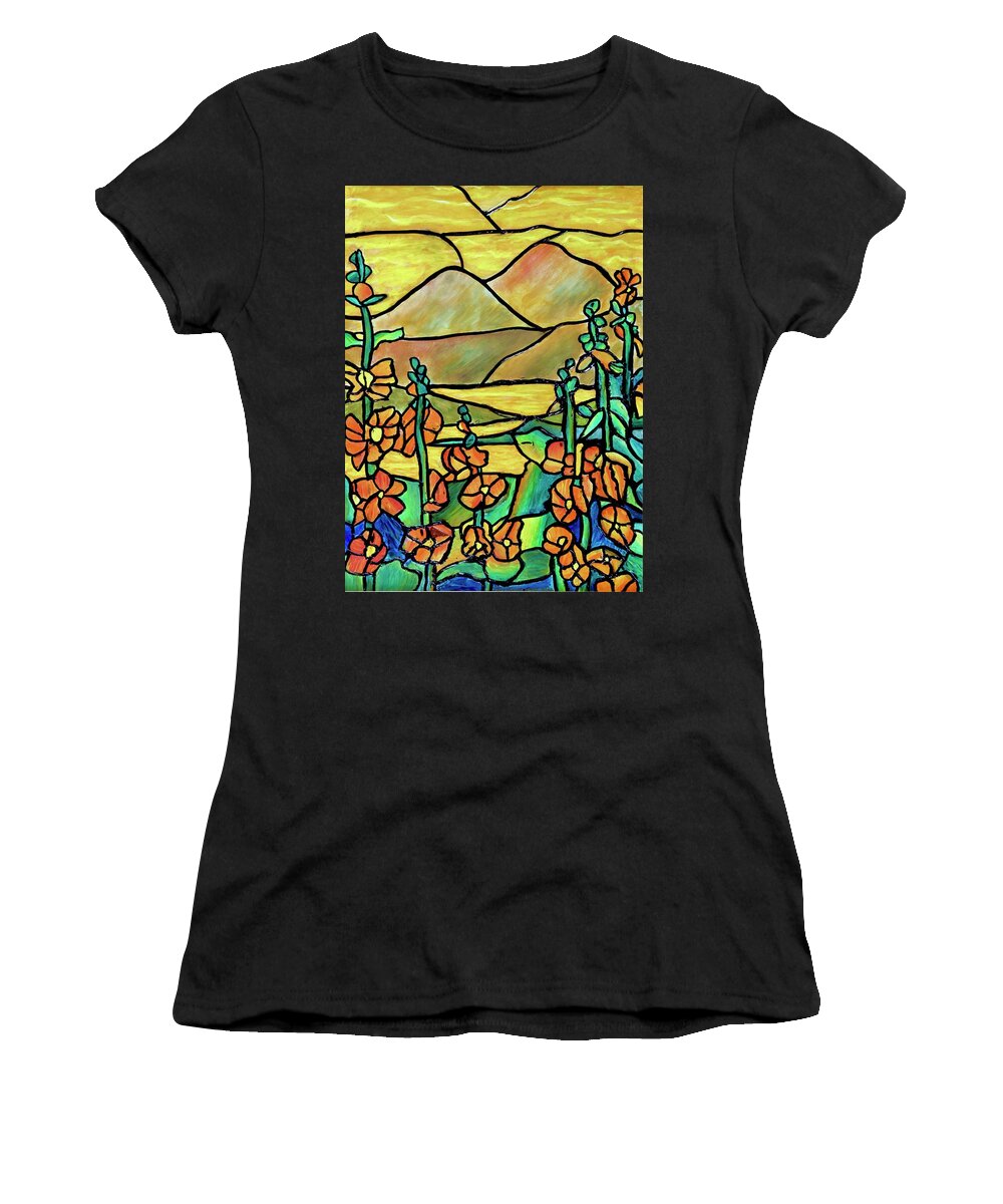 Tiffany Stained Glass Flowers Landscape River Hollyhocks Mountain Hill Women's T-Shirt featuring the mixed media Hollyhocks After Tiffany by Thomas Santosusso