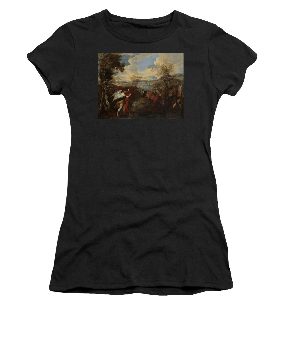 Jacob Women's T-Shirt featuring the painting 'Jacob Wrestling the Angel', Before 1670, Italian School, Canvas, 98 cm x 125 ... by Andrea di Lione -1610-1685-