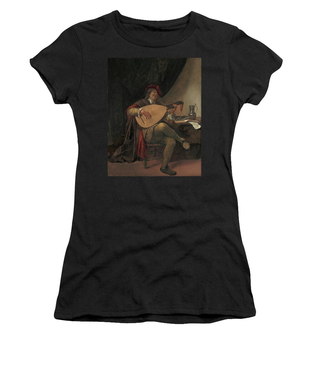 Jan Havicksz. Steen Women's T-Shirt featuring the painting Jan Havicksz. Steen -Leiden, 1626-1679-. Self- Portrait playing the Lute -ca. 1663 - 1665-. Oil o... by Jan Havicksz Steen -1626-1679-