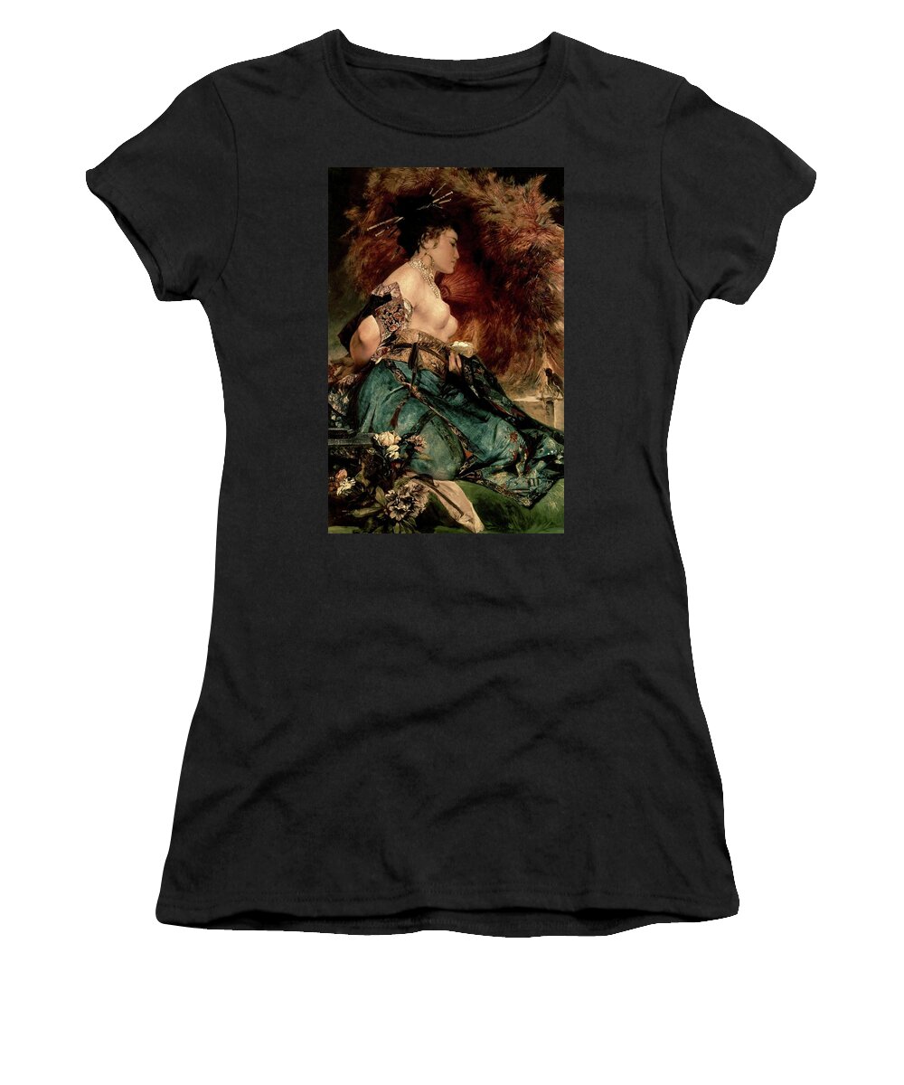 Hans Makart Women's T-Shirt featuring the painting Japanese girl - 19th century - oil on canvas. by Hans Makart -1840-1884-