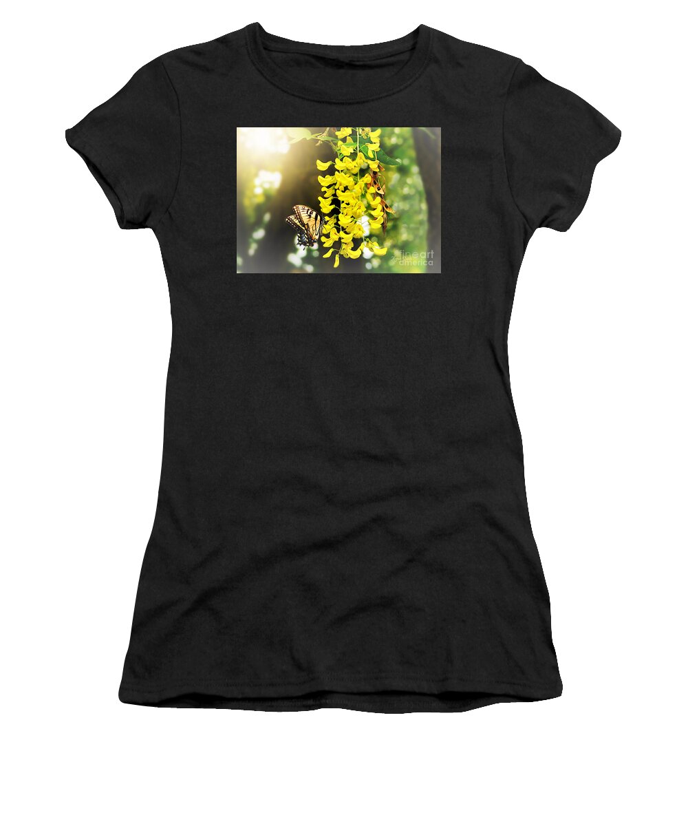 Butterfly On Laburnum Blossom Women's T-Shirt featuring the pyrography Kissed by the Sun by Morag Bates