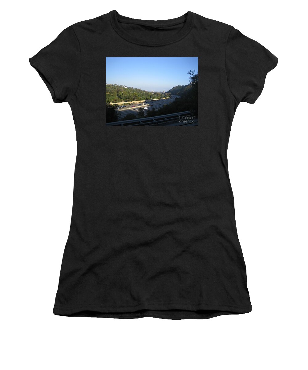 Los Angeles Women's T-Shirt featuring the photograph Los Angeles Westside View 405 Freeway High Rise Buildings Typical Sunny Day 2008 at Sunset by John Shiron