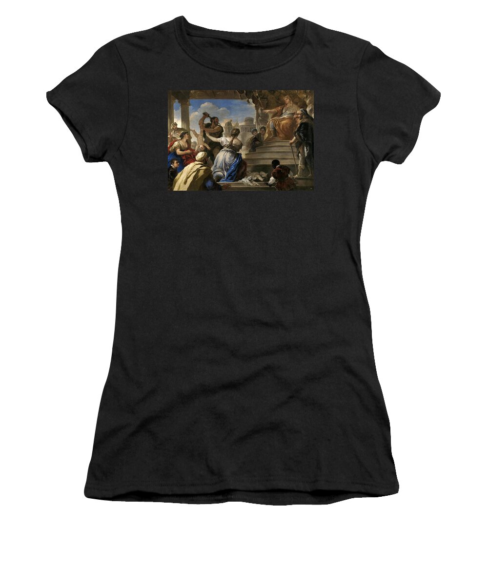 Giordano Luca Women's T-Shirt featuring the painting Luca Giordano / 'The Judgment of Solomon ', 1694-1695, Italian School. SALOMON REY SIGLO X AC. by Luca Giordano -1634-1705-
