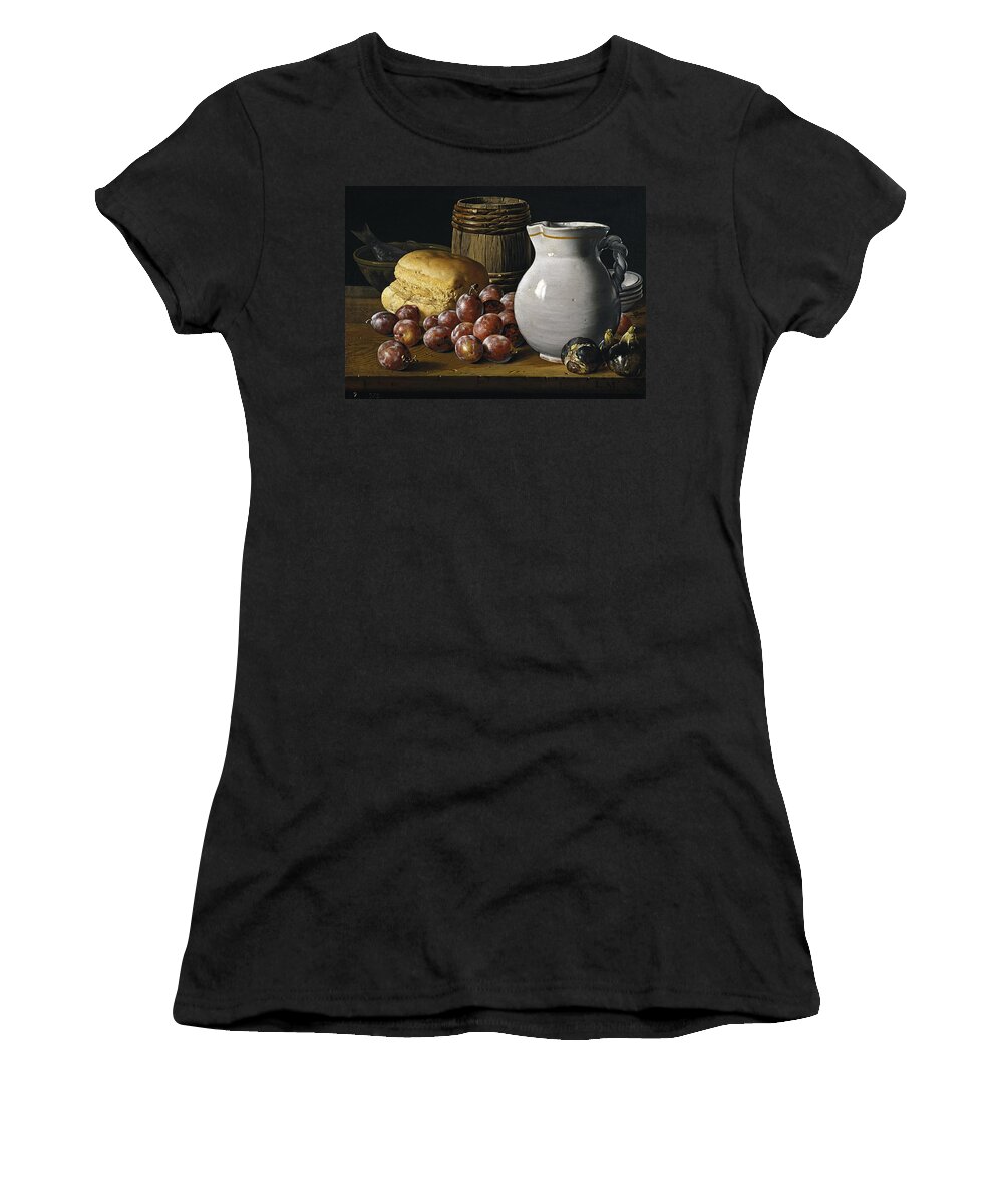Luis Egidio Melendez Women's T-Shirt featuring the painting Luis Egidio Melendez / 'Still Life with Plums, Figs, Bread and Fish', 18th century, Spanish School. by Luis Melendez -1716-1780-