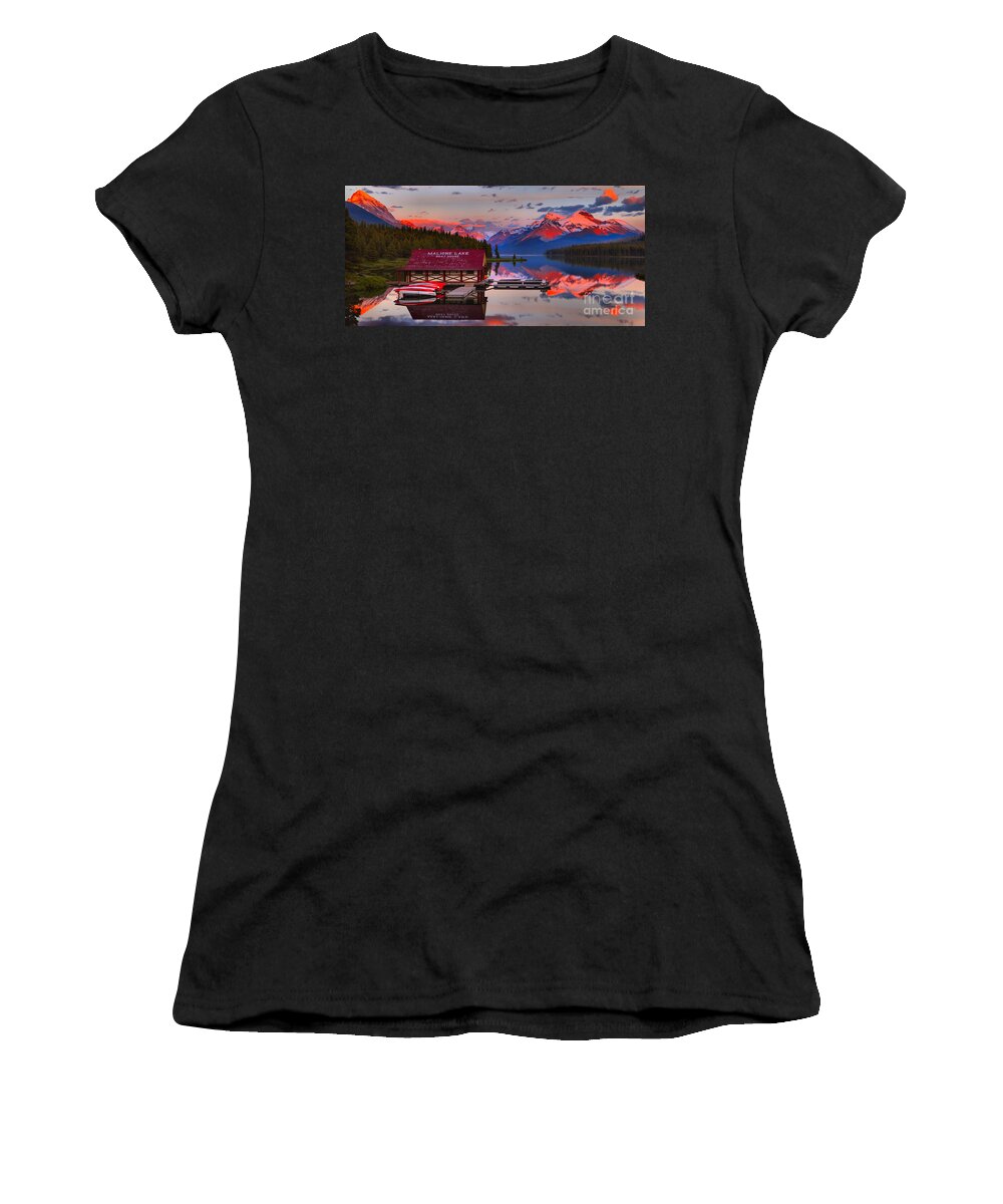 Maligne Lake Women's T-Shirt featuring the photograph Maligne Lake Reflection Sunset Panorama Crop by Adam Jewell