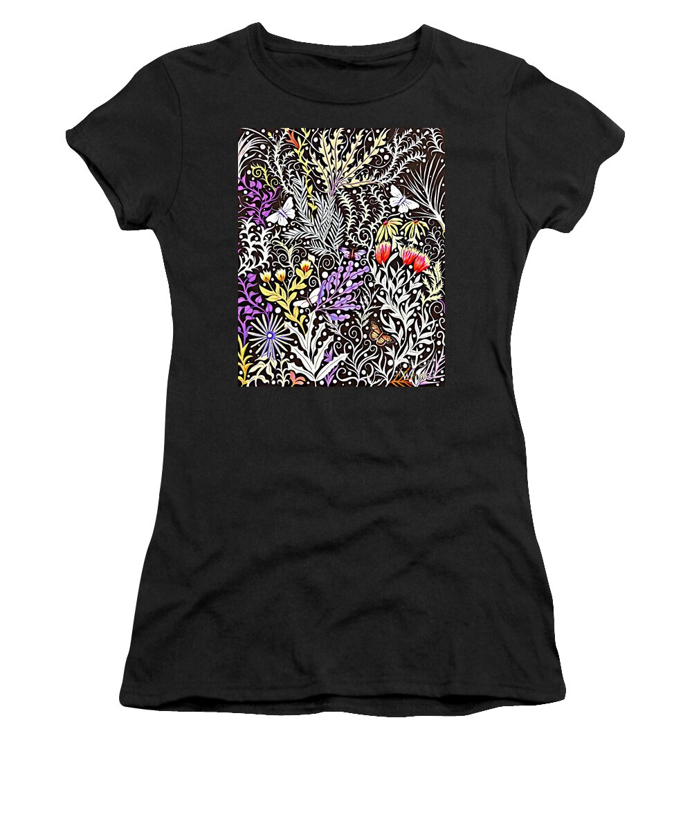 Lise Winne Women's T-Shirt featuring the tapestry - textile Modern Tapestry Design In Black, White, Purple And Yellow by Lise Winne