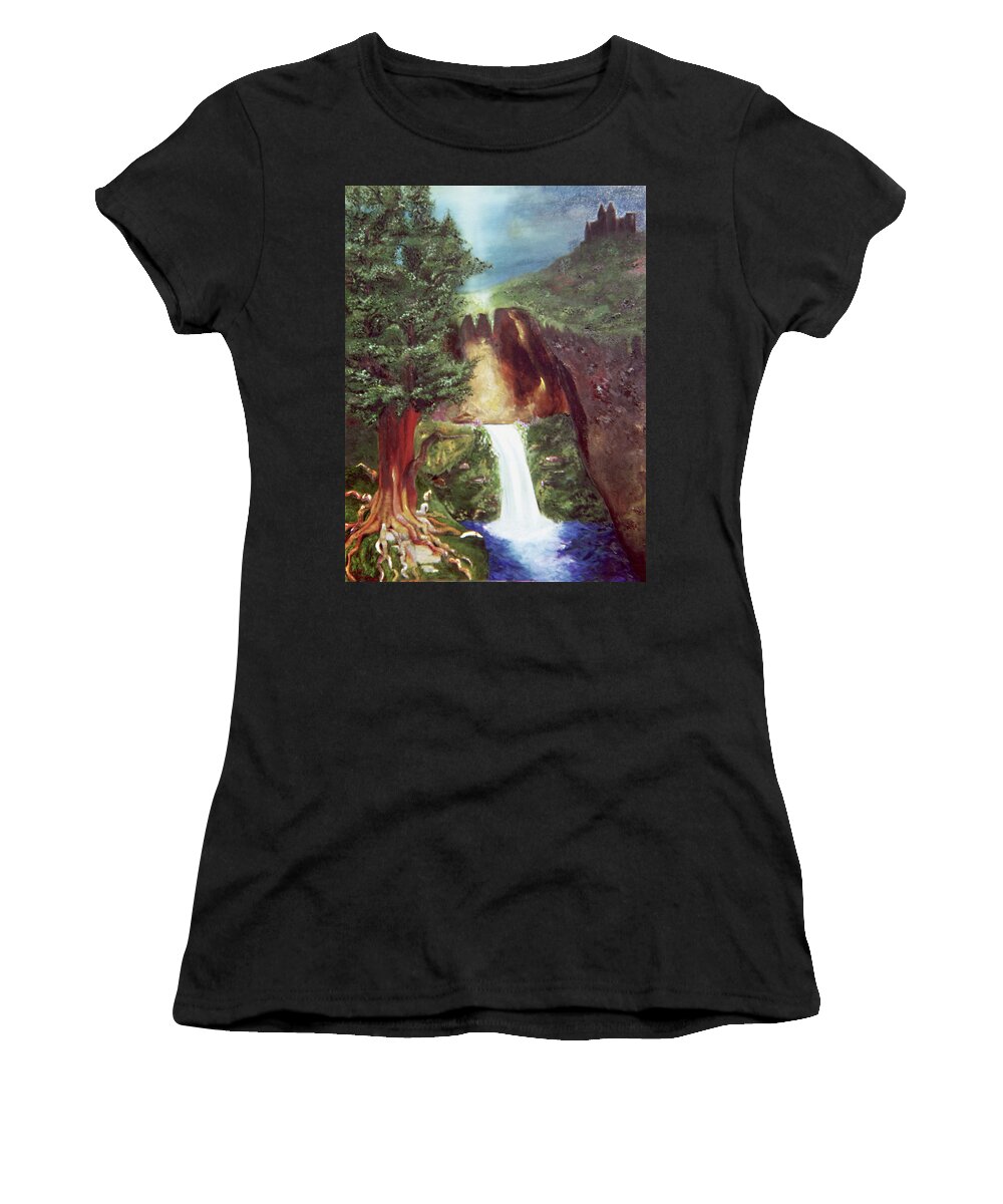 Fairytale Painting With Castles Women's T-Shirt featuring the painting Mystic Cliffs II by Anitra Boyt