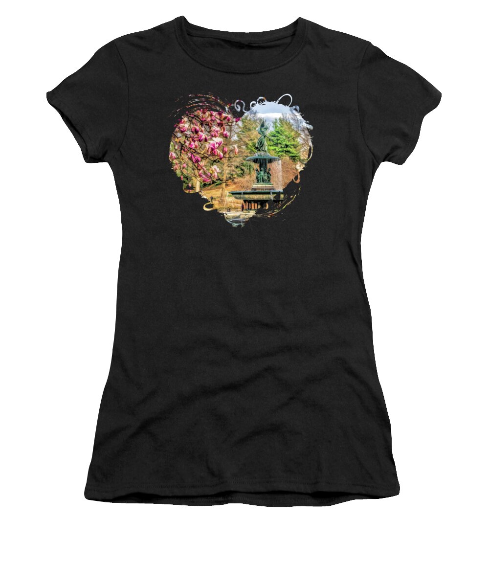 New York Women's T-Shirt featuring the painting New York City Central Park Bethesda Fountain Blossoms by Christopher Arndt