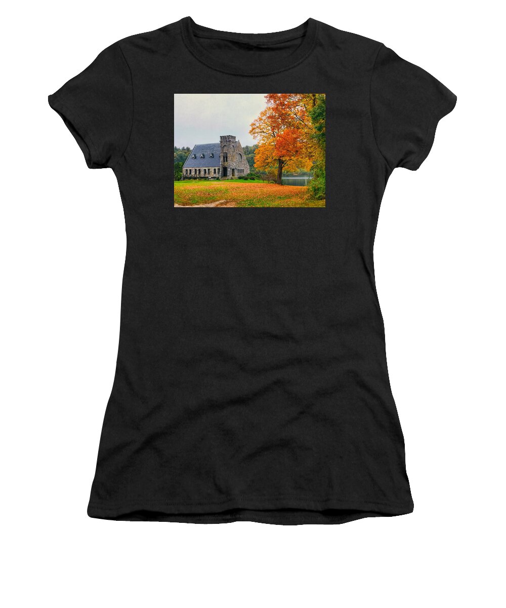 Landscape Women's T-Shirt featuring the photograph Old Stone Church in fall by Monika Salvan
