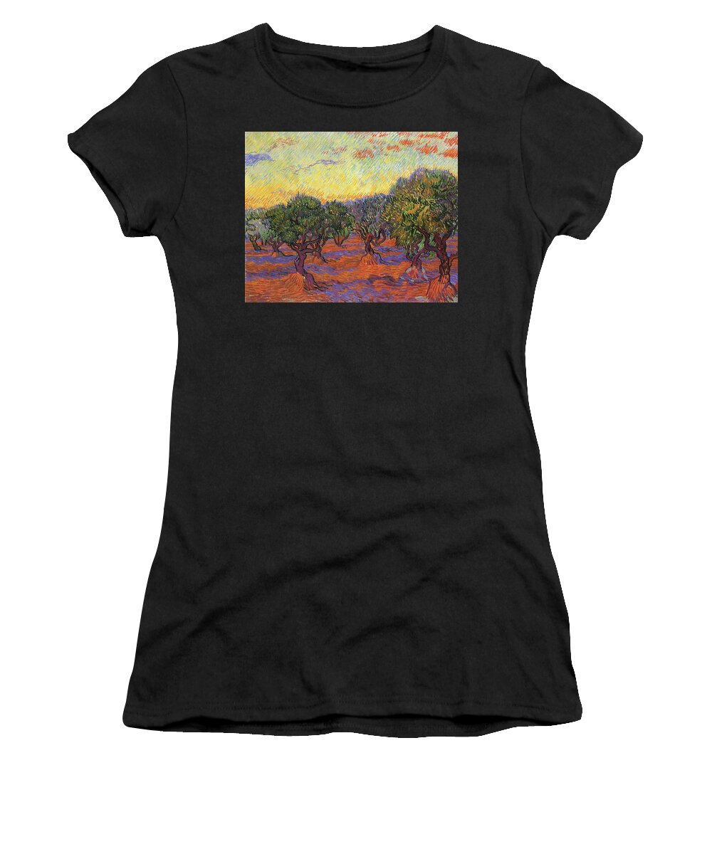 Vincent Van Gogh Women's T-Shirt featuring the painting Olive Trees Orange Sky by Vincent van Gogh