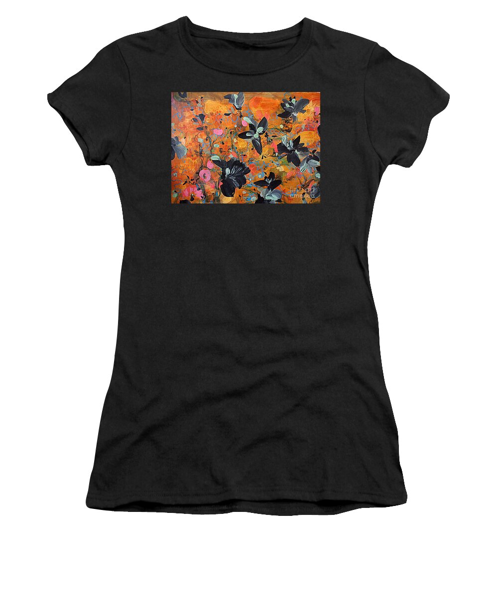Abstract Black Flowers Women's T-Shirt featuring the painting Orange and Black Rhapsody by Nancy Kane Chapman