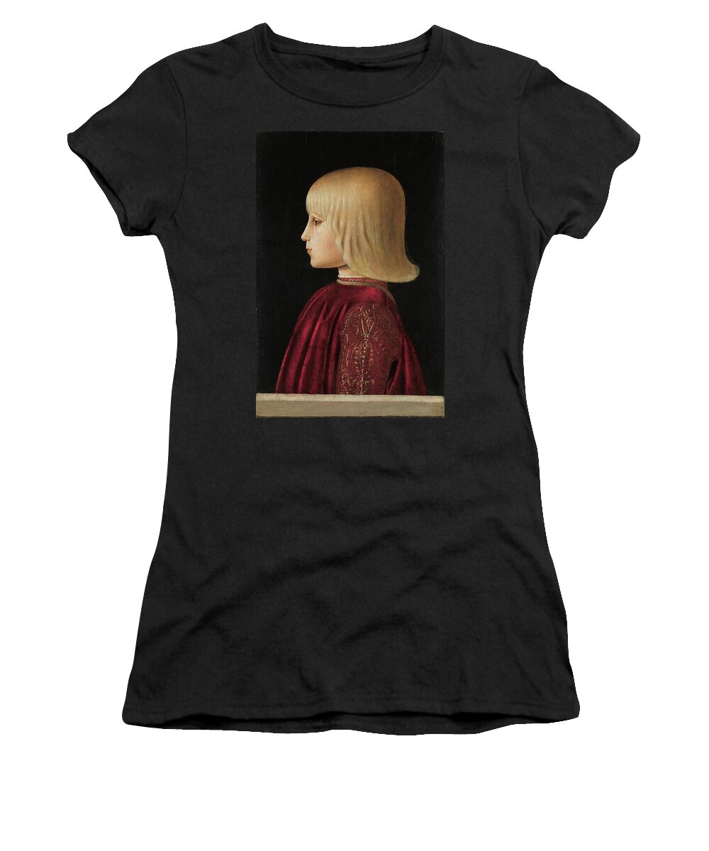 Painting Women's T-Shirt featuring the painting Piero della Francesca -Borgo San Sepolcro -Sansepolcro-, ca. 1415-1492-. Portrait of a Boy. -Guid... by Piero della Francesca -c 1415-1492-