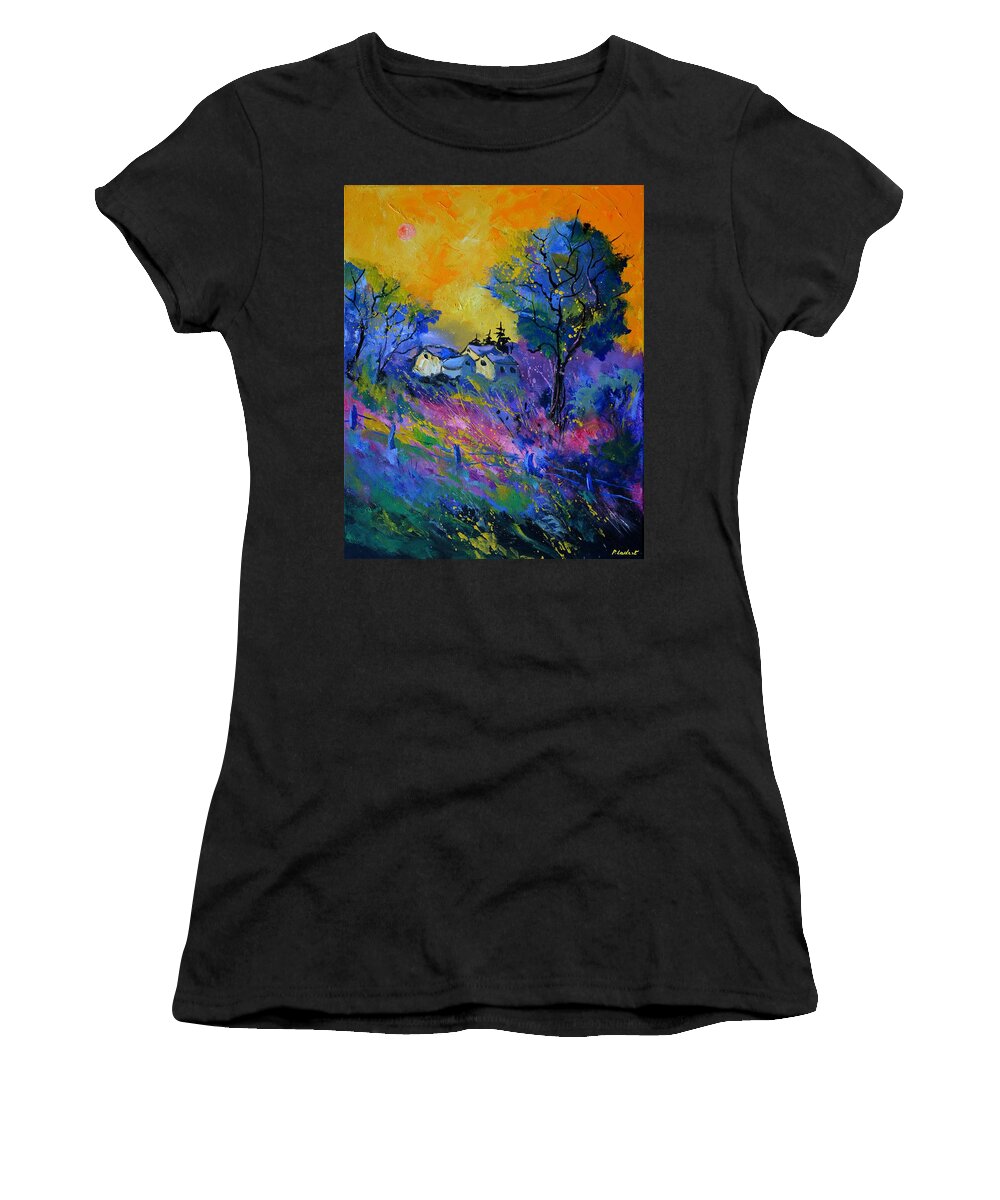 Landscape Women's T-Shirt featuring the painting Pink and blue landscape by Pol Ledent