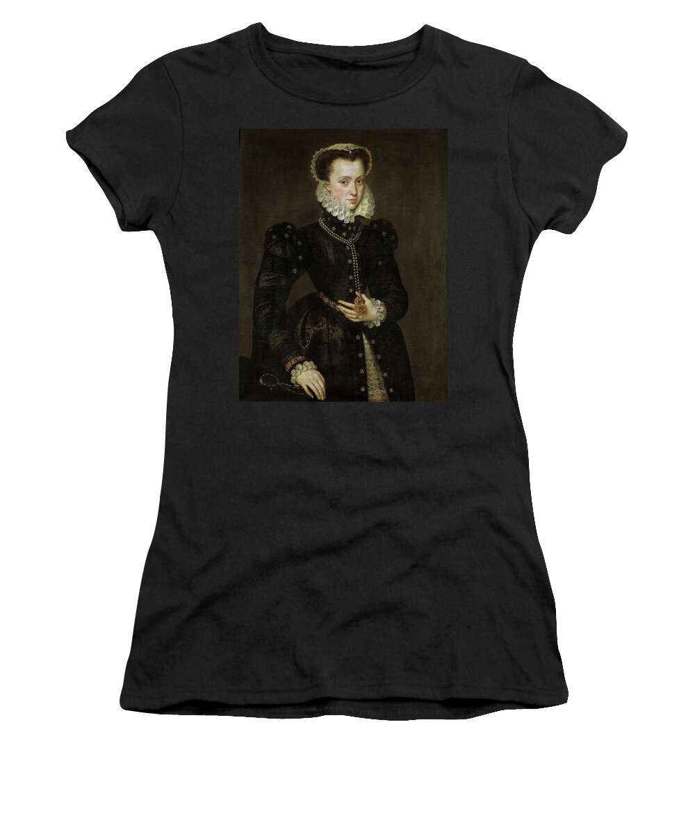 Antonis Mor Women's T-Shirt featuring the painting 'Portrait of a Lady', Second half 16th century, Flemish School, Oil on canvas, 96 ... by Antonio Moro -c 1519-c 1576-