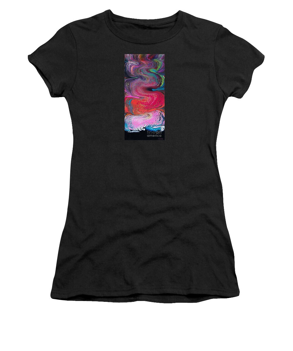  Energetic Fluid Abstract Curvacious Sensual Dramatic Vibrant Compelling Fun Colorful Wandering Wavy Swipe Women's T-Shirt featuring the painting Rainbow Steam Rising Up 5162 by Priscilla Batzell Expressionist Art Studio Gallery