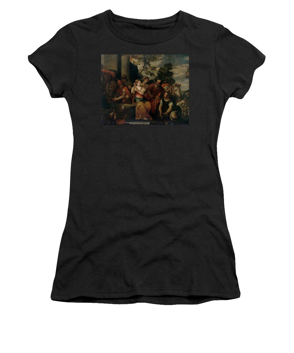 Giovanni Battista Zelotti Women's T-Shirt featuring the painting 'Rebeca y Eliezer', 1553, Oleo sobre Lienzo, 219 cm x 270 cm, P00512. by Giovanni Battista Zelotti -1526-1578-