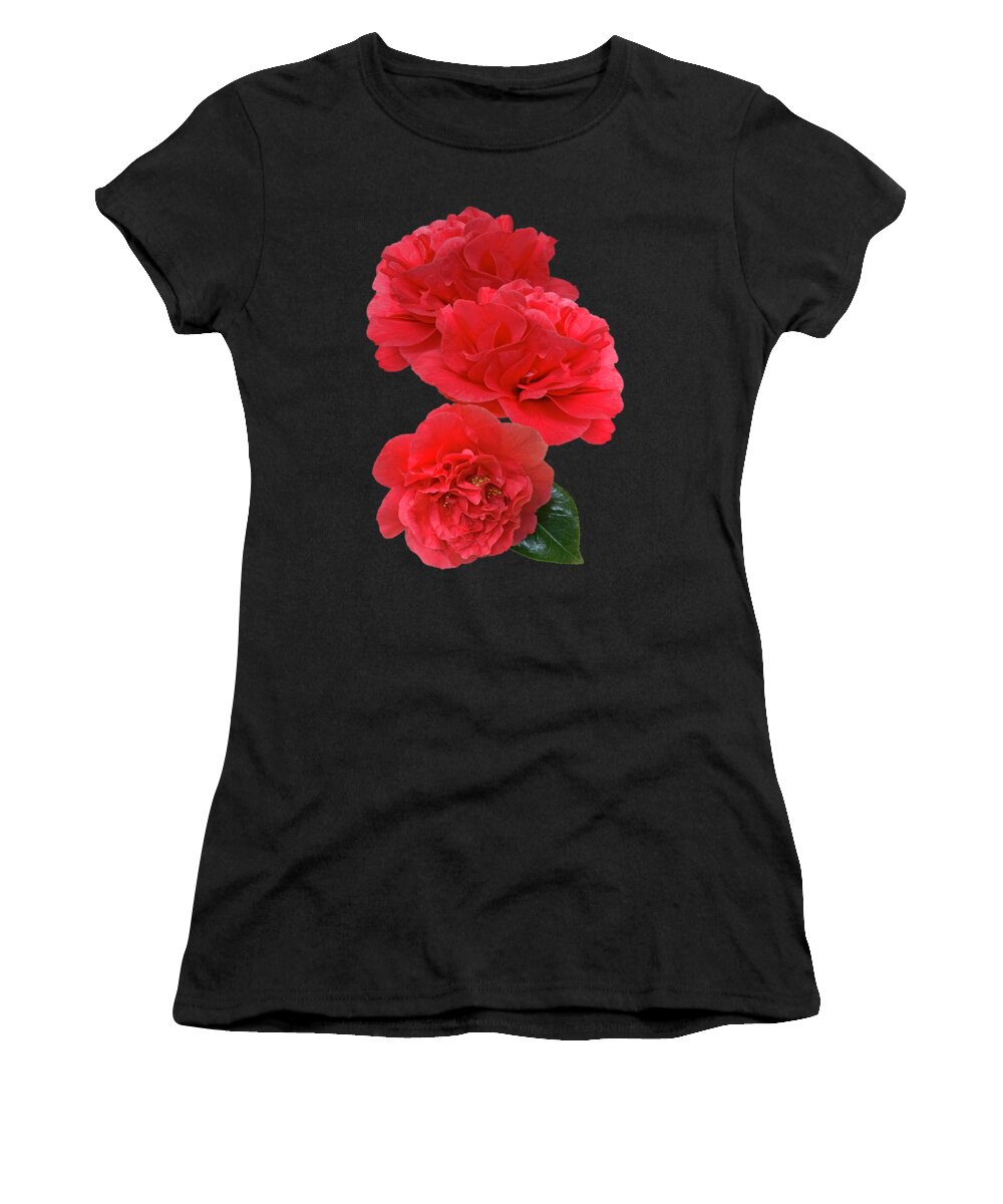 Red Flowers Women's T-Shirt featuring the photograph Red Camellias On Black Vertical by Gill Billington