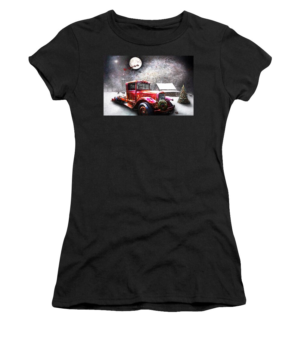 Barn Women's T-Shirt featuring the photograph Red Truck on Christmas Eve Oil Painting by Debra and Dave Vanderlaan