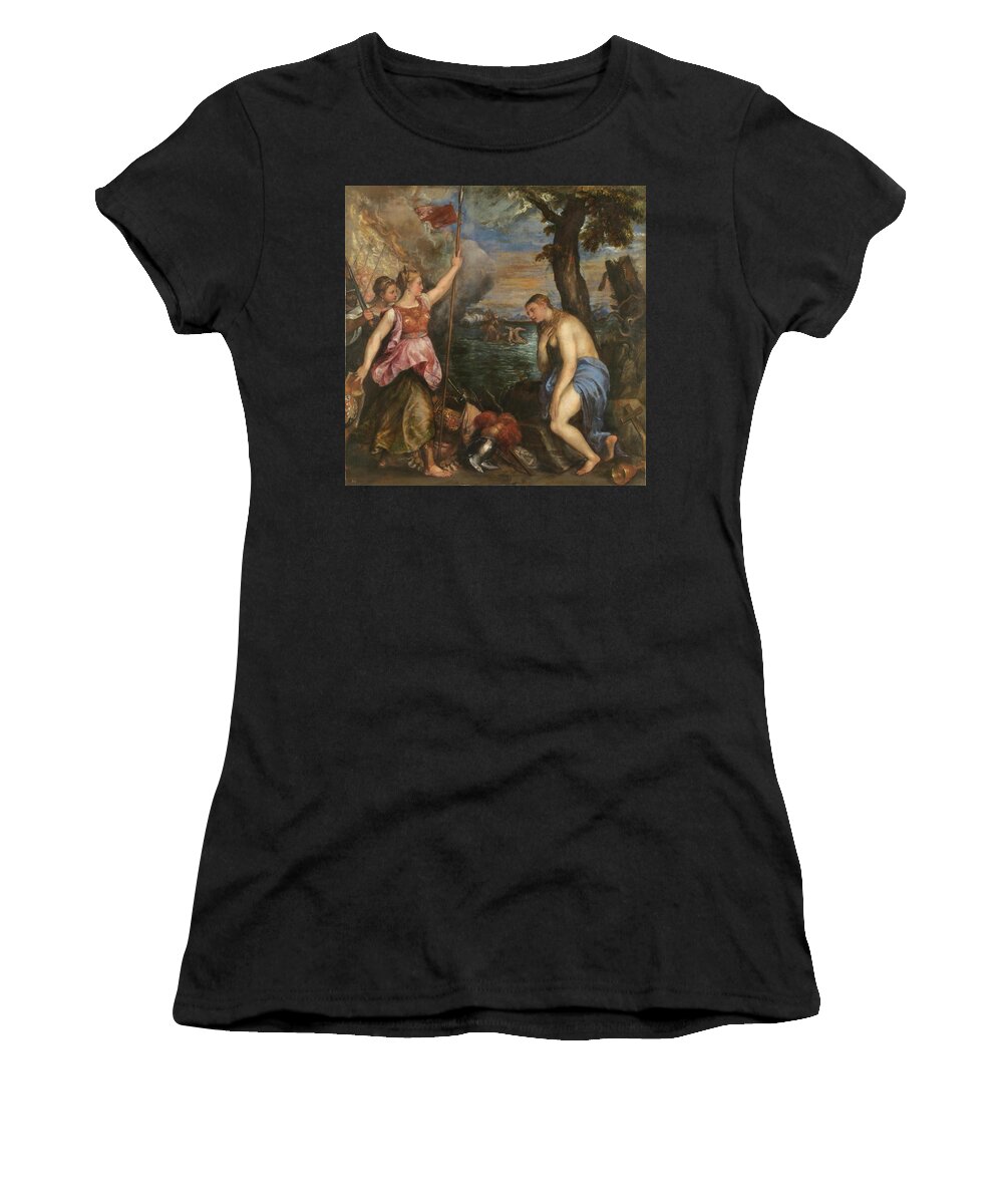 Religion Saved By Spain Women's T-Shirt featuring the painting 'Religion Saved by Spain', 1572-1575, Italian School, Oil on canva... by Titian -c 1485-1576-