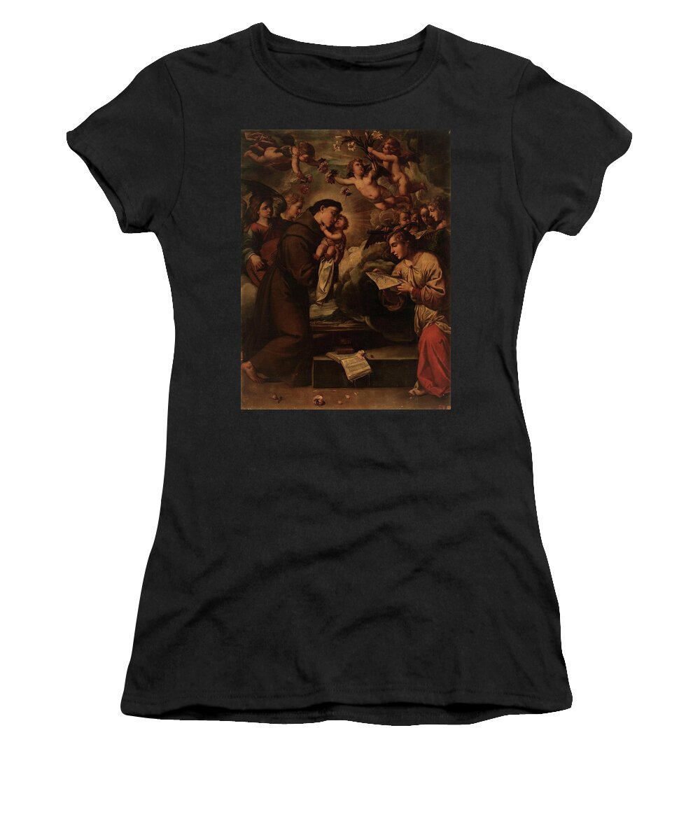 Anonymous Women's T-Shirt featuring the painting 'Saint Anthony of Padua', 17th century, Spanish School, Canvas, 180 cm x 136 cm, P03273. by Anonymous