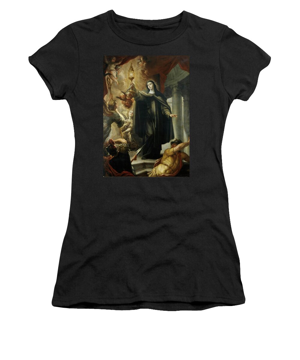 Isidoro Arredondo Women's T-Shirt featuring the painting 'Saint Clare Driving Away the Infidels with the Eucharist'. 1693. Oil on canvas. by Isidoro Arredondo -1655-1702-