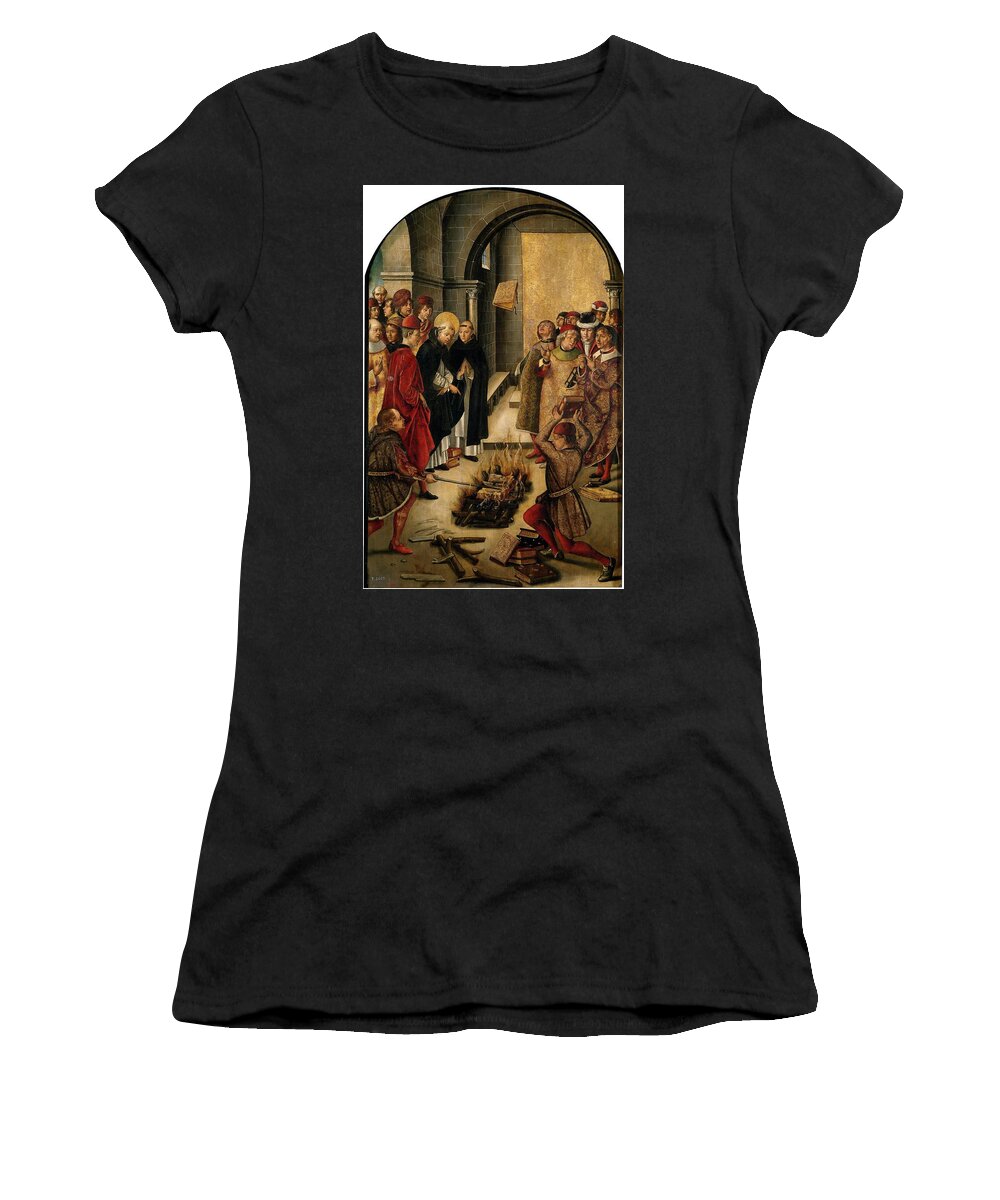 Pedro Berruguete Women's T-Shirt featuring the painting 'Saint Dominic of Guzman and the Albigensians ', 1493-1499, Spanish School, Oi... by Pedro Berruguete -1450-1504-
