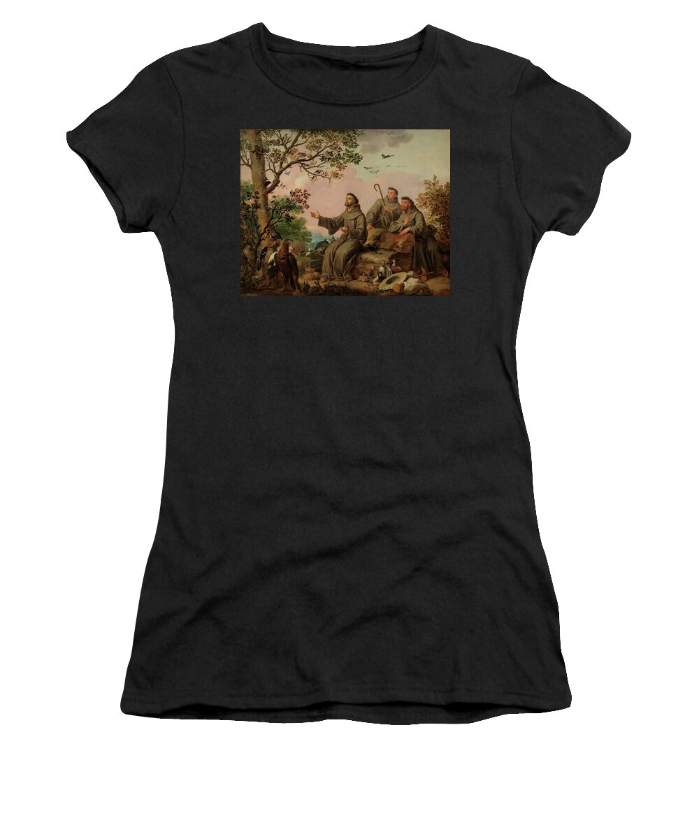 Antonio Carnicero Women's T-Shirt featuring the painting 'Saint Francis Preaching to the Birds'. 1788 - 1789. Oil on canvas. by Antonio Carnicero -1748-1814-