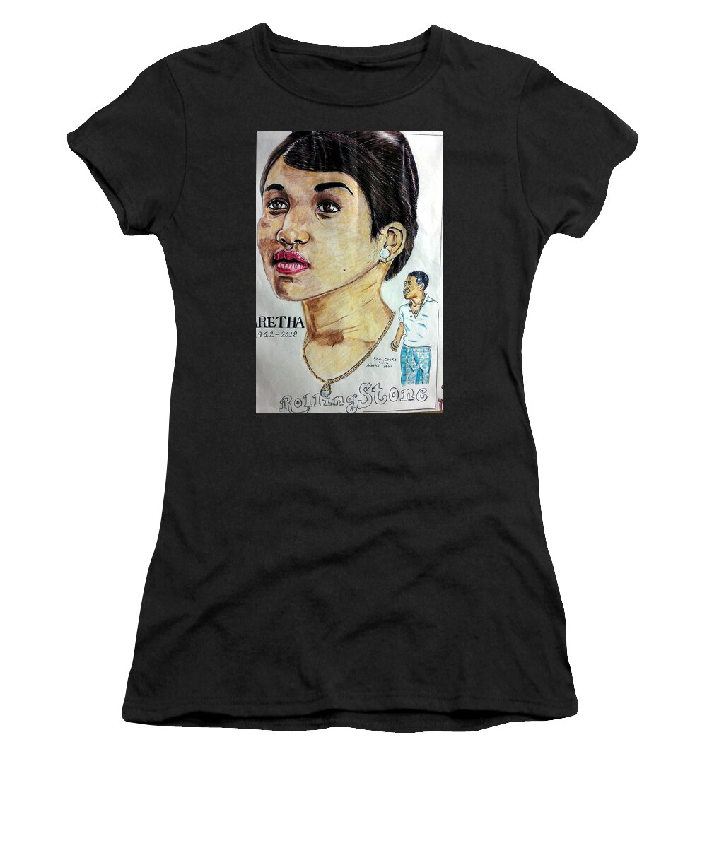 Black Art Women's T-Shirt featuring the drawing Sam Cooke with Aretha by Joedee