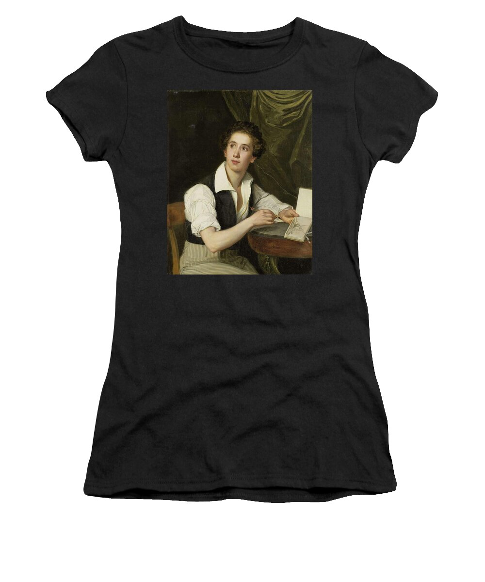 Canvas Women's T-Shirt featuring the painting Self-Portrait. by Charles Saligo -1804-1874-