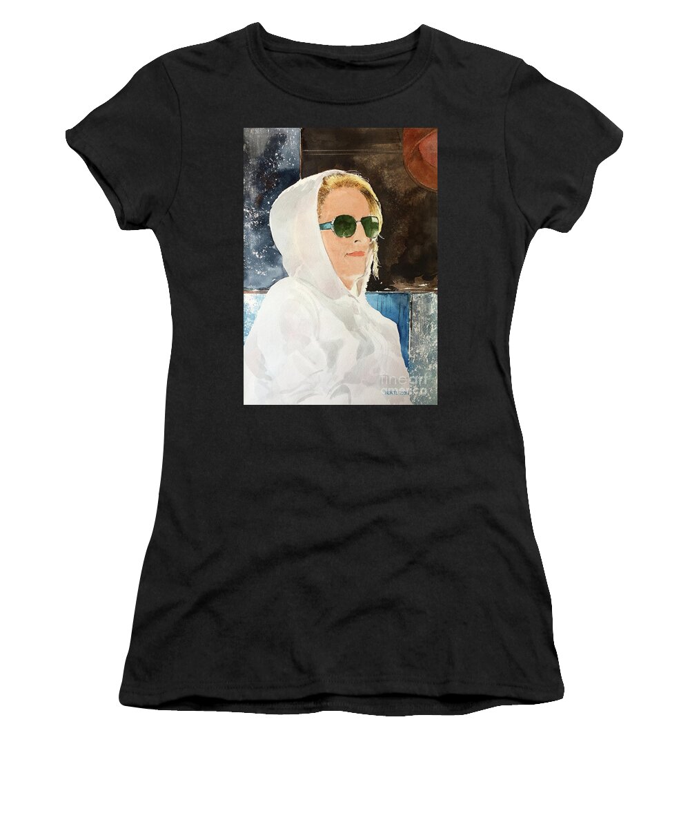 A Beautiful Lady In A White Hoodie And Sunglasses Sits Outside A Sidewalk Cafe. Women's T-Shirt featuring the painting Sidewalk Cafe by Monte Toon