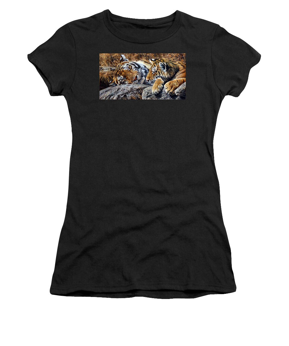 Tiger Women's T-Shirt featuring the painting Sleepers - Tiger and Cub by Alan M Hunt