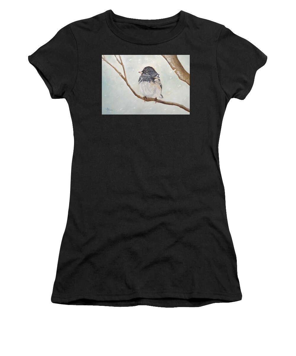 Junco Women's T-Shirt featuring the painting Snowbird In The Blizzard by Angeles M Pomata
