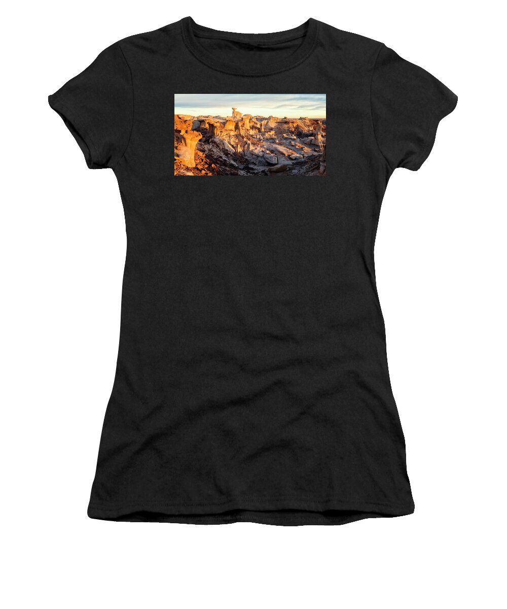 Abstract Women's T-Shirt featuring the photograph Sunset in Valley of Dreams Badlands by Alex Mironyuk