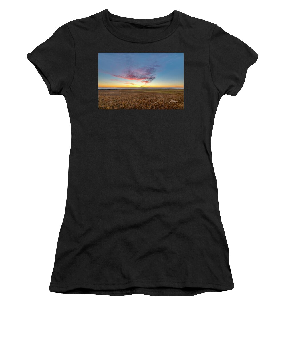 Badlands Women's T-Shirt featuring the photograph Sunset Over Grasslands by Jim Thompson